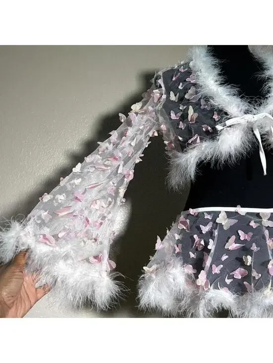 Fairycore Butterfly Mesh Set Coquette Angel Y2K Sheer Fur Trim Rave Festival - Picture 2 of 6